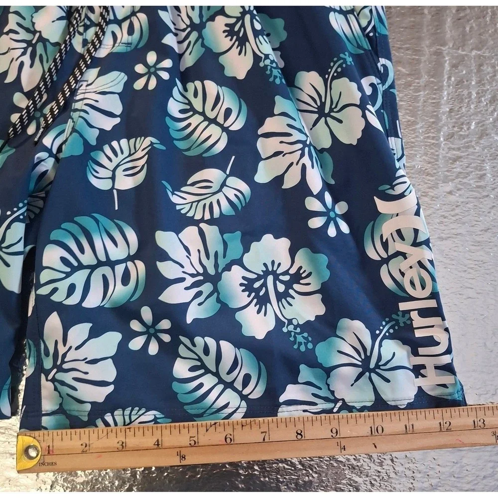 Hurley Volley Swim Trunks Mens XL Navy Blue Teal Floral Tropical Board Shorts